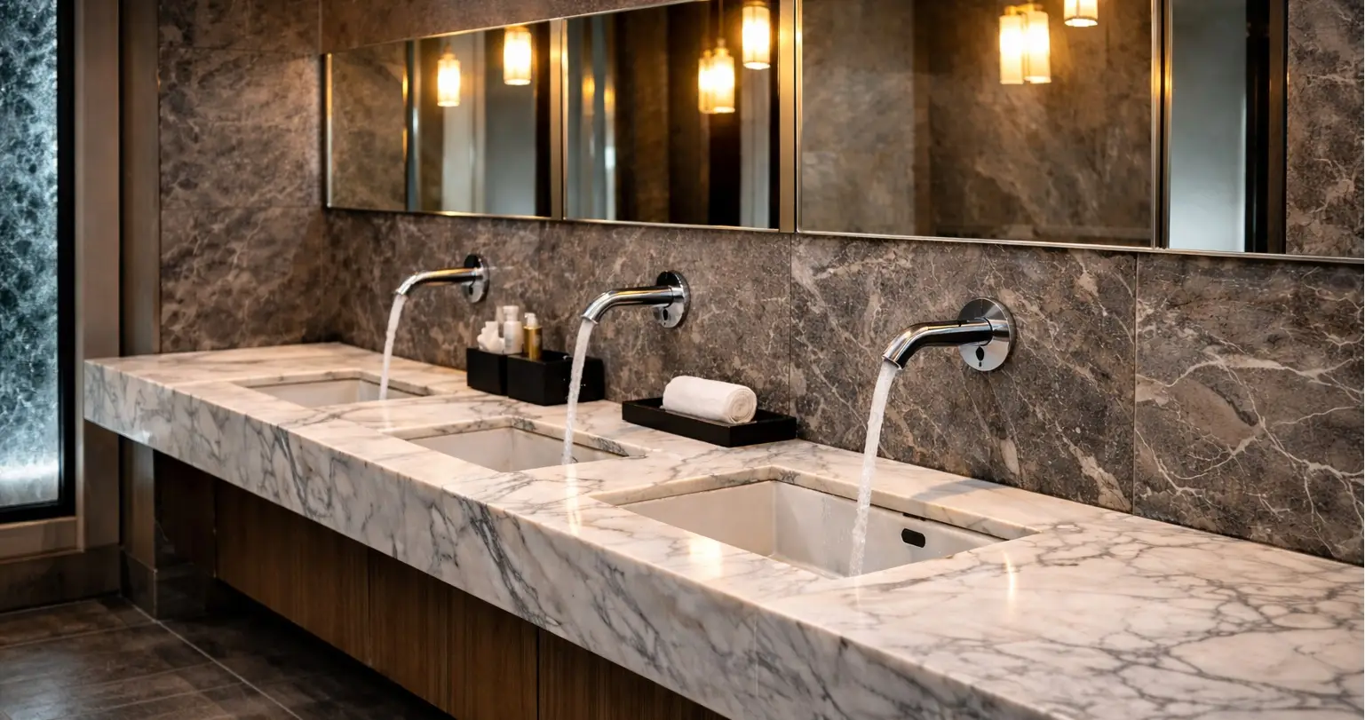 Luxury hotel restroom sink zone used as a project benchmark setting