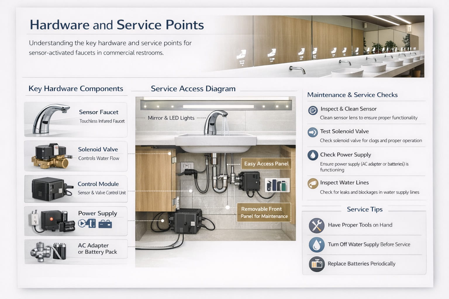 Commercial touchless faucet close-up for service and hardware review