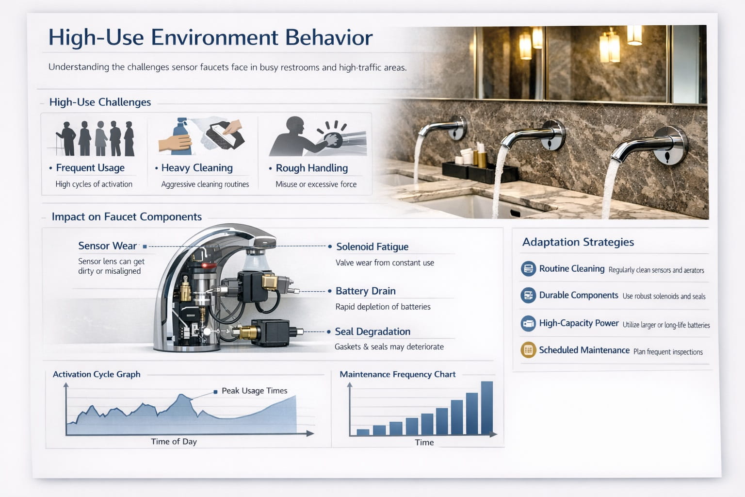 High-traffic restroom aesthetic and usage conditions
