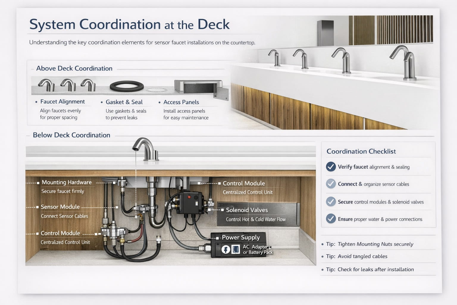 Counter-mounted soap system and sensor faucet layout