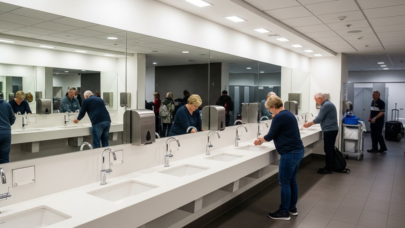 Modern airport restroom with a row of touchless sinks