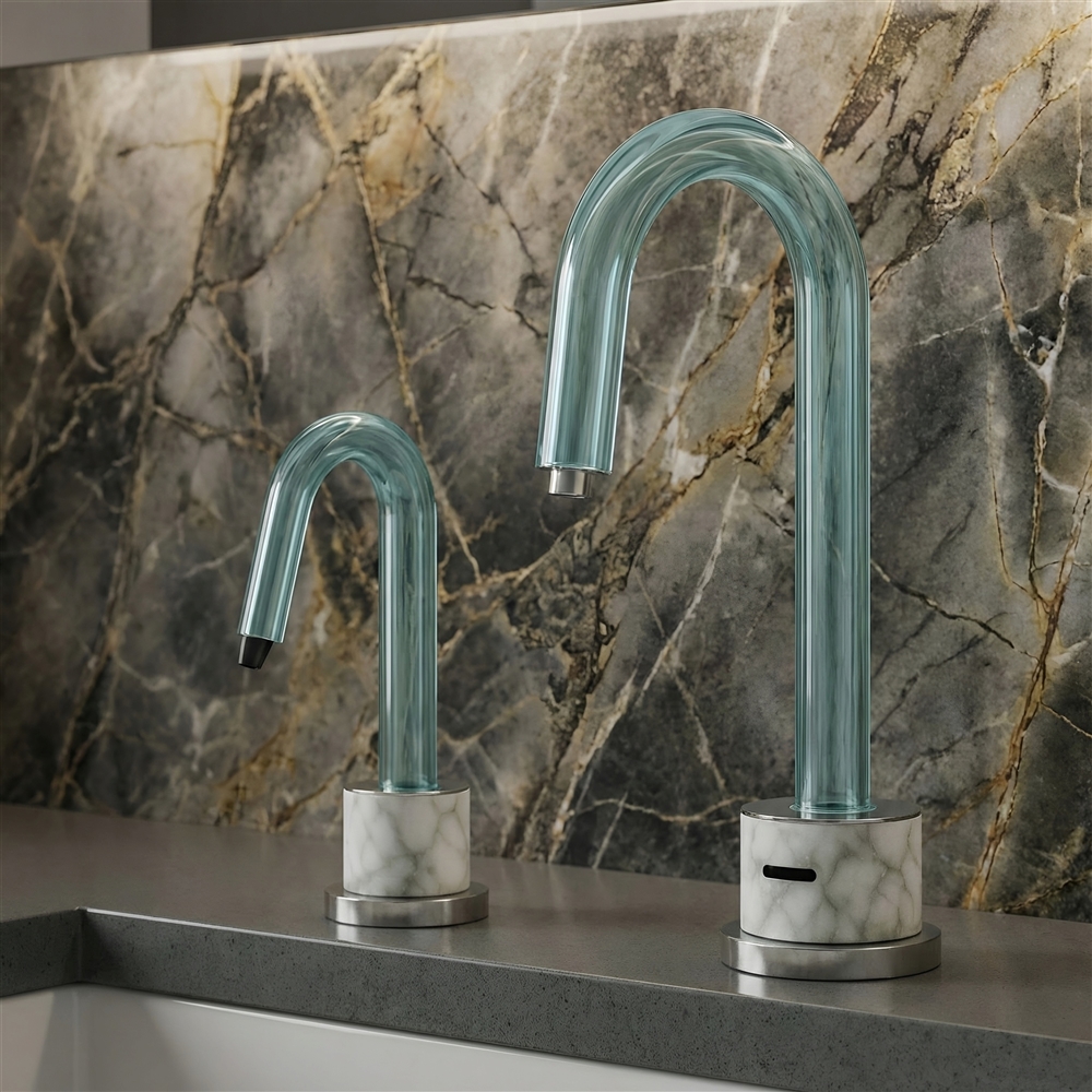 Modern commercial restroom with touchless faucet system installed