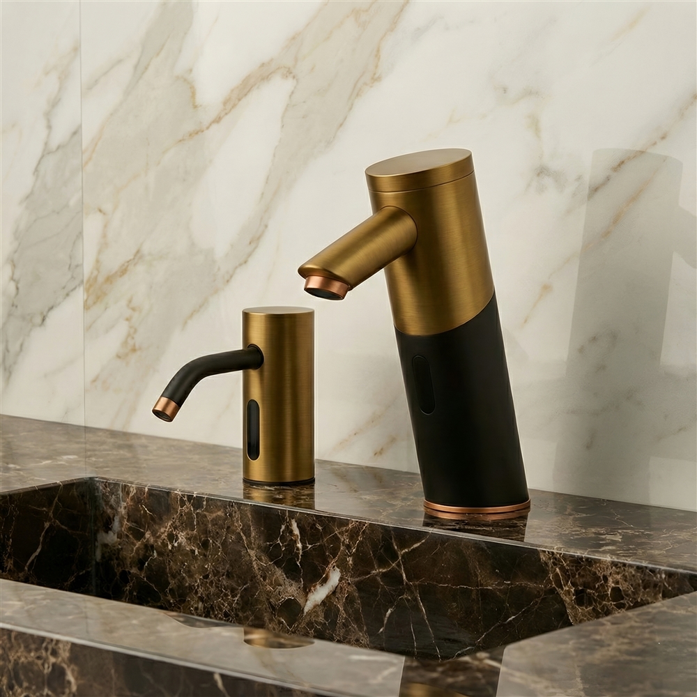 Hotel maintenance technician inspecting under-sink control box for touchless faucet system