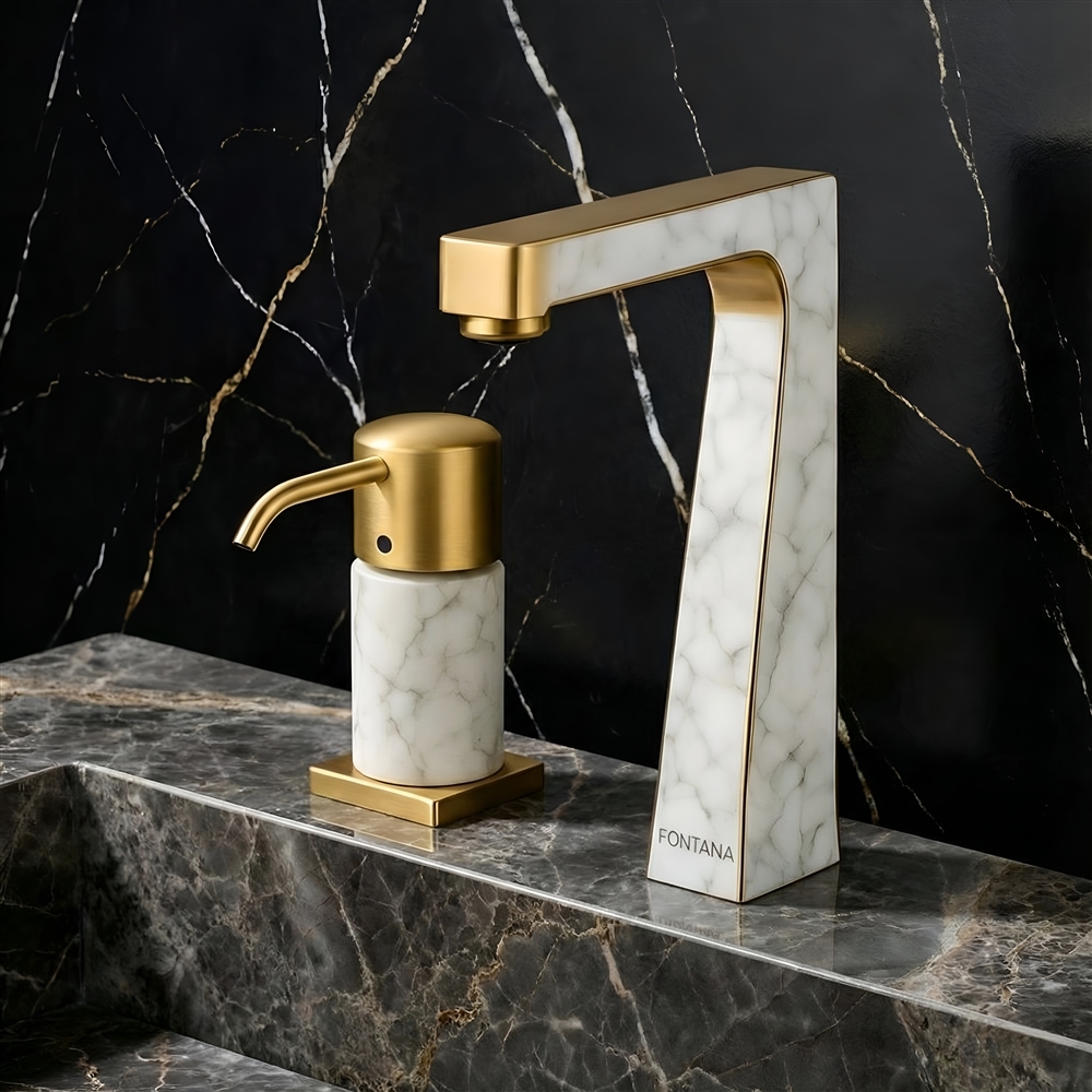 Luxury resort suite bathroom with coordinated touchless sink fixture and blue accents