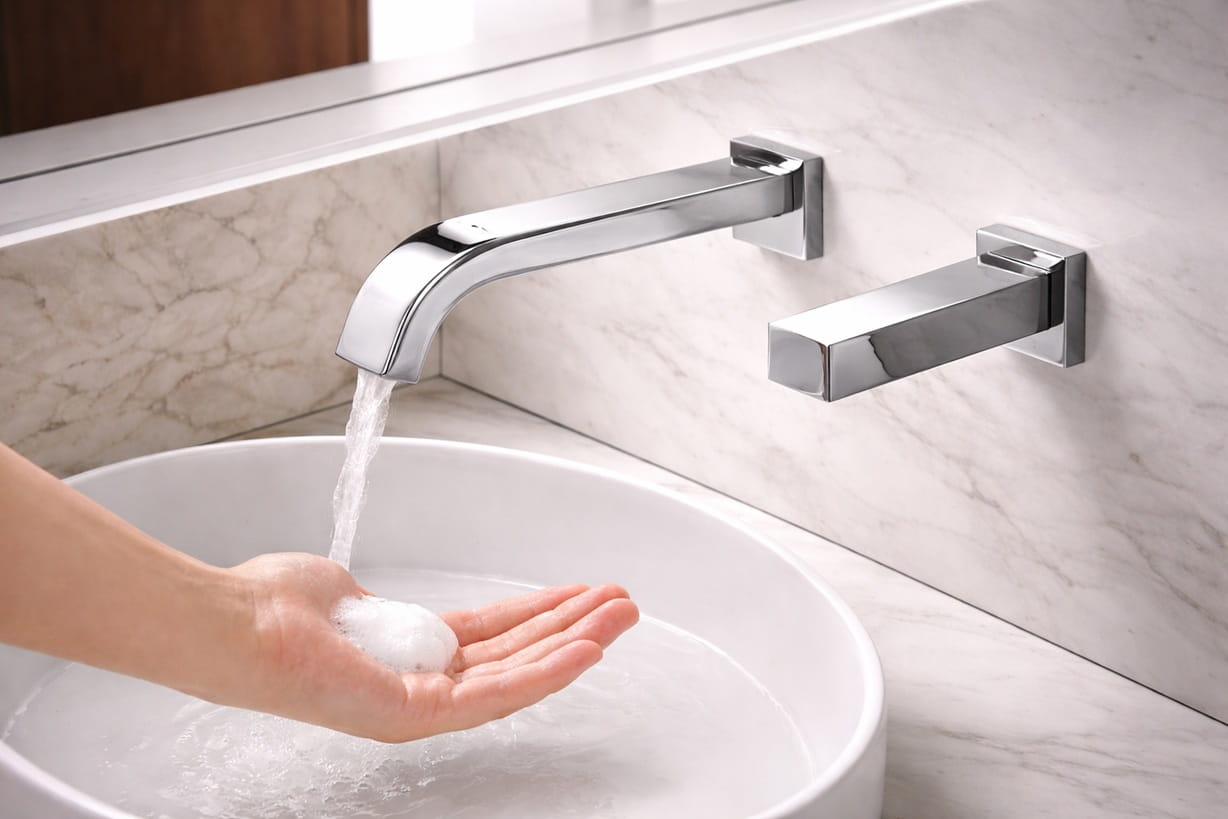 Luxury hotel restroom with sensor faucet and blue-toned modern finishes