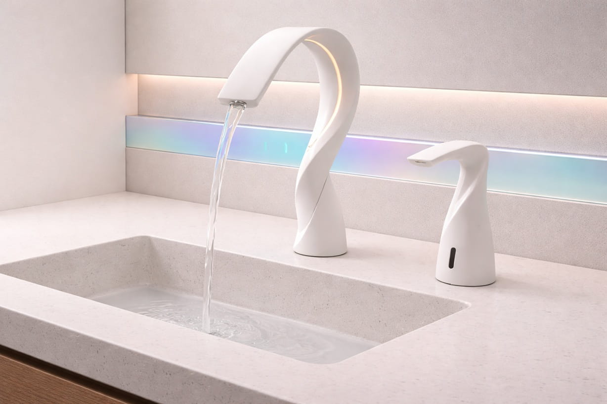 High-traffic luxury hospitality restroom with touchless faucet installation