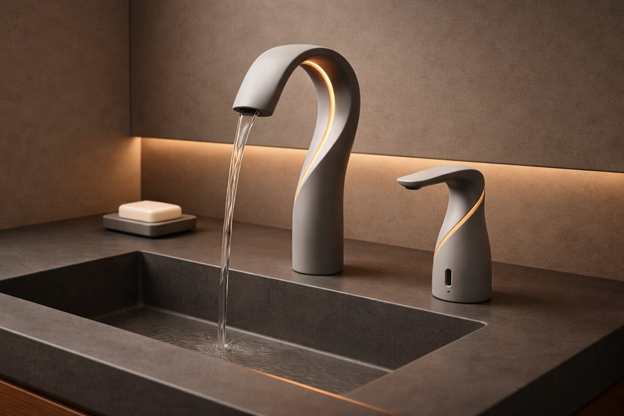 Architect reviewing commercial sensor faucet specifications for luxury hotel renovation