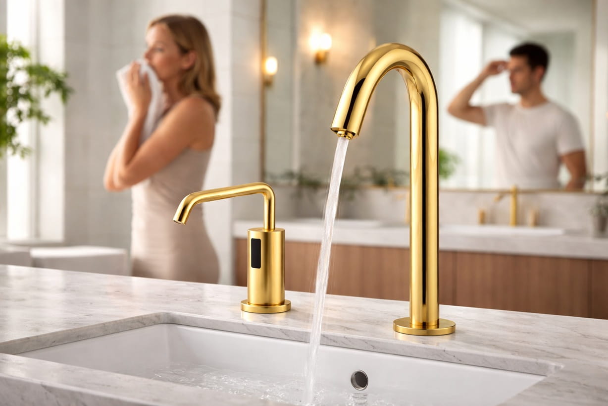 Close-up of infrared sensor faucet for commercial hotel bathrooms