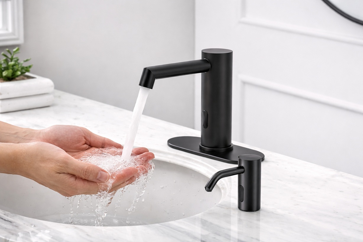 Row of touchless faucets in commercial sink area