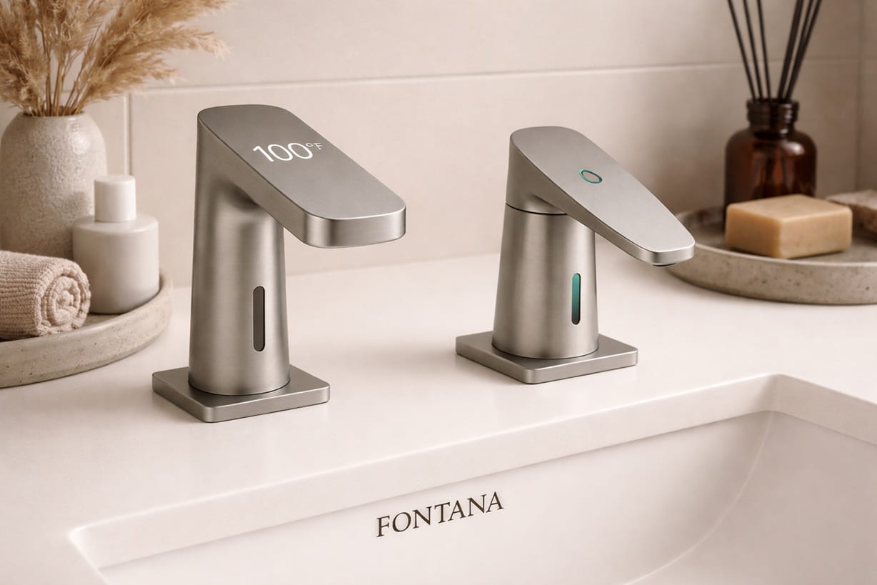 Infrastructure-grade touchless faucet and soap dispenser installed on an airport terminal sink deck