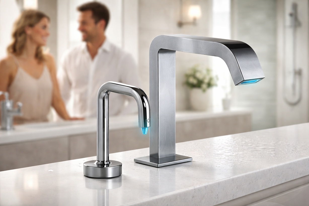 Luxury hotel restroom with touchless sink fixtures and modern blue-accented design