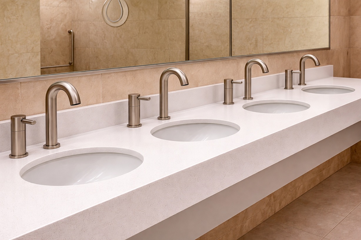 Airport restroom planning board with touchless faucet specifications, terminal maintenance notes, and sink layout documents