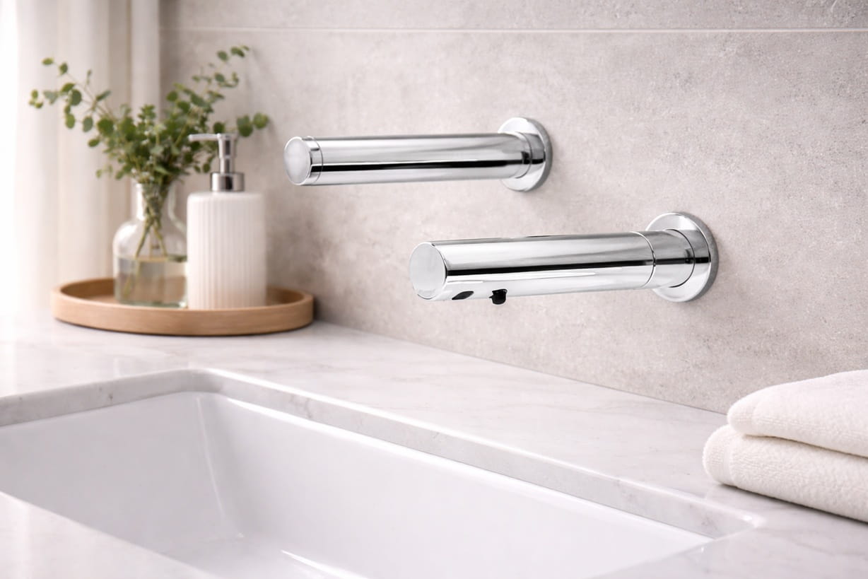 Architect-designed airport restroom with premium finishes, branded elements, and touchless sink fixtures