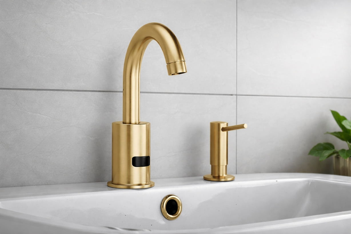 Premium airport lounge restroom with modern touchless faucet design and coordinated blue-accent interior finishes