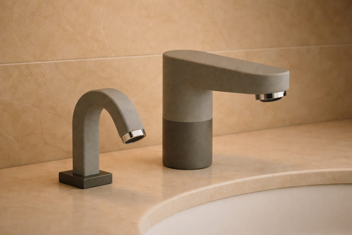 Busy public restroom demonstrating high-traffic usage of touchless fixtures