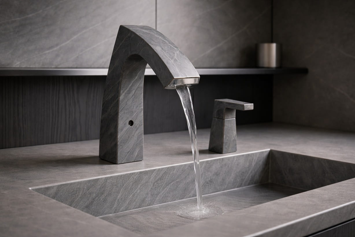 Modern sensor faucet with digital temperature control in hotel spa restroom