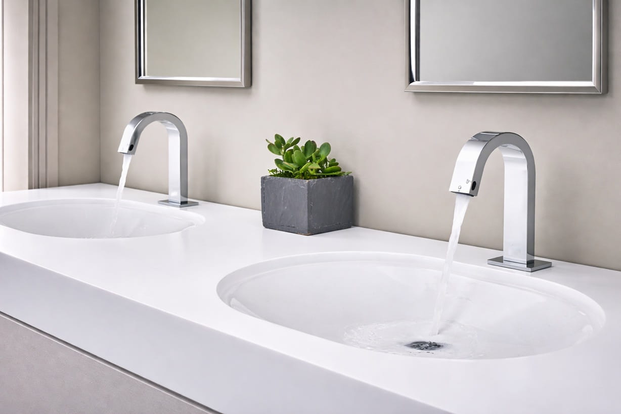 Integrated restroom system showing coordinated faucet and soap dispenser