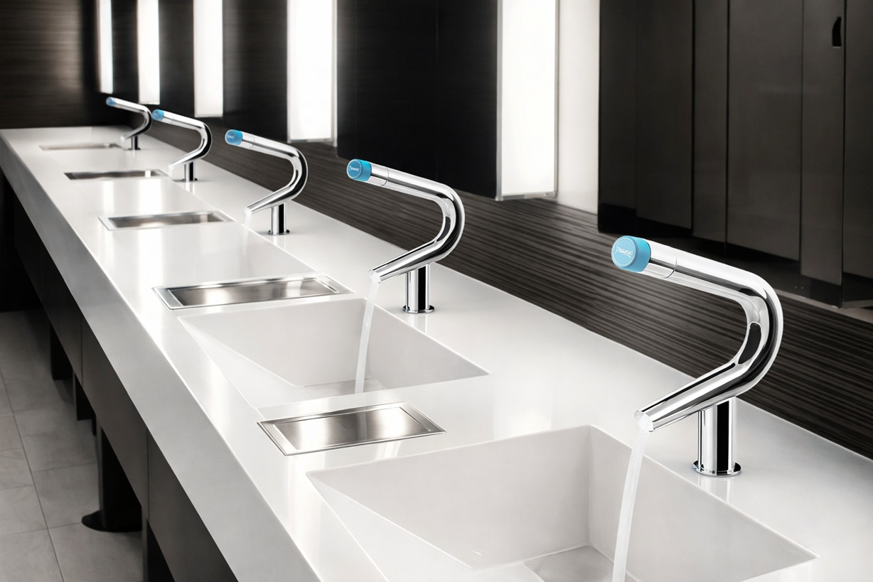 Commercial sensor faucets installed in a modern public restroom showing touchless operation