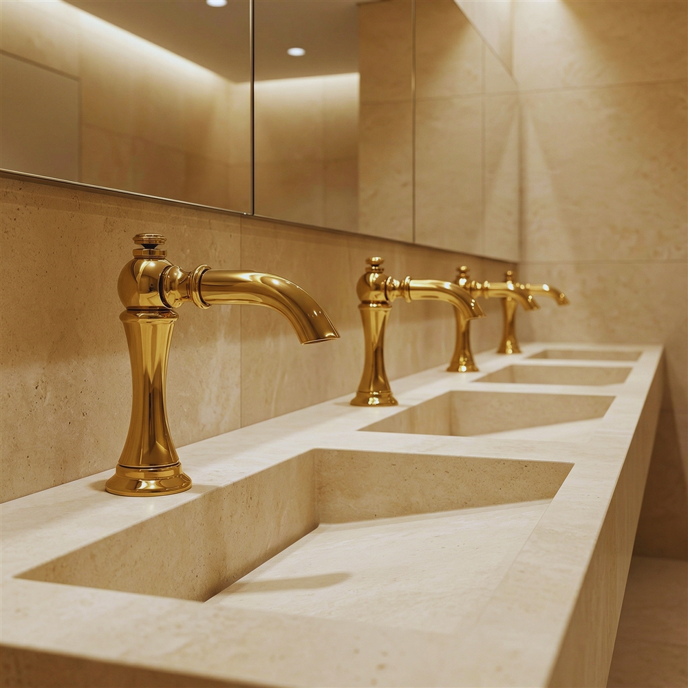 Aqua glass and marble touchless fixture set for a smart enterprise facility restroom interior