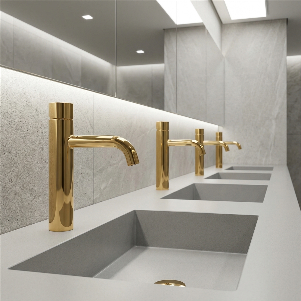 Black stone and gold touchless faucet with dispenser for a specification-ready commercial restroom package