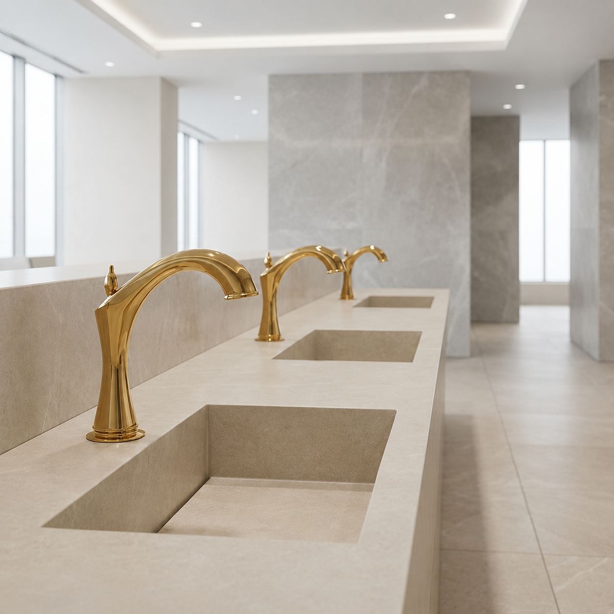 Matte black wall-mounted automatic sensor faucets above an integrated commercial washroom basin