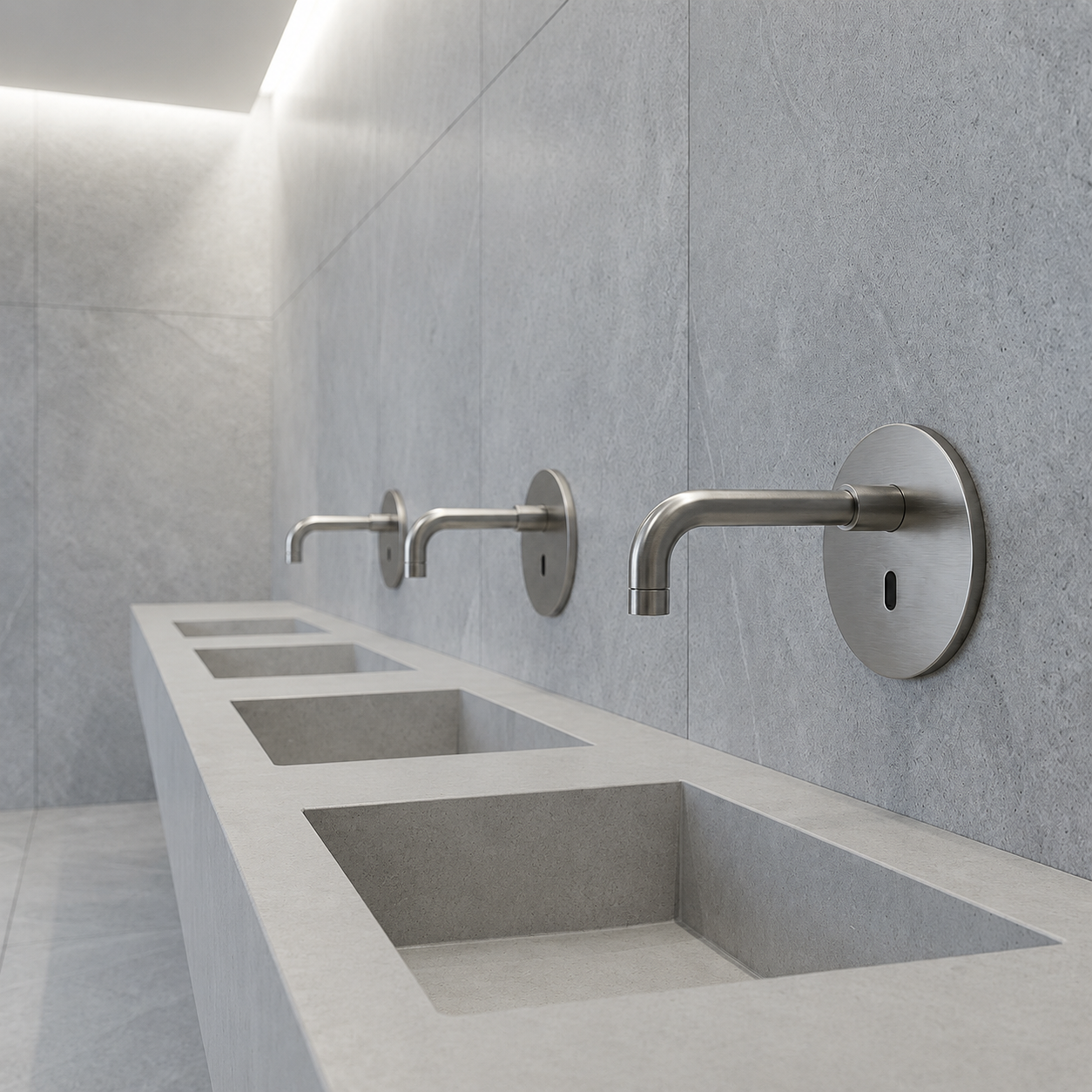 White wall-mounted touchless sensor faucets arranged along a dark architectural commercial restroom vanity