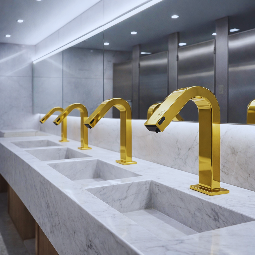 Matte black deck-mounted sensor faucets and automatic soap dispensers installed across a commercial restroom vanity