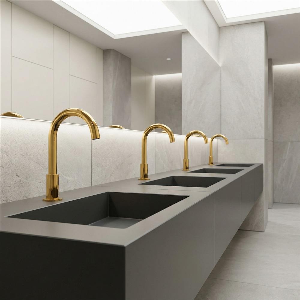 Brushed gold wall-mounted sensor-activated faucets serving a continuous commercial restroom wash trough