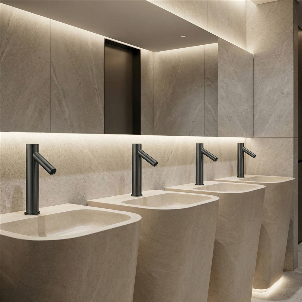 High traffic airport public restroom with multiple touchless faucets along a wide sink counter