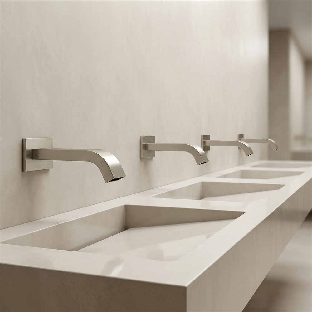 Airport maintenance technician checking sensor-operated faucet components in a commercial sink area