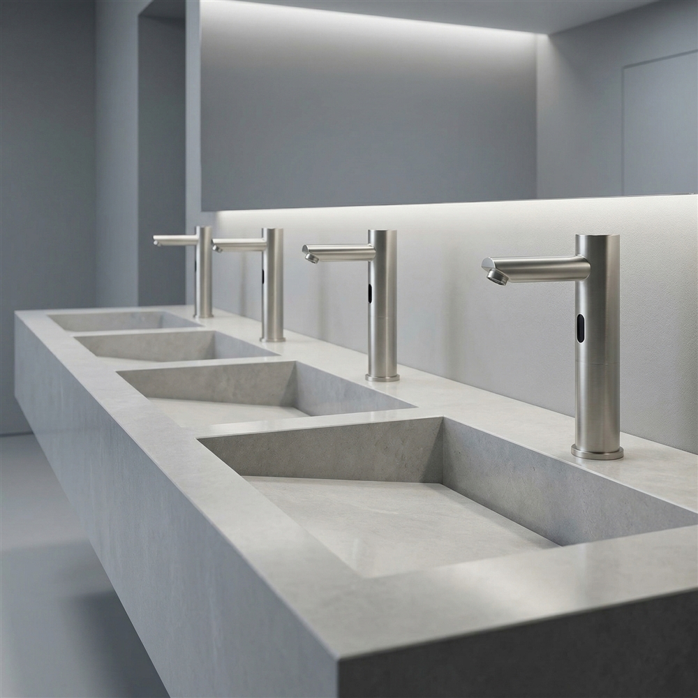 Airport restroom planning board with touchless faucet specifications, terminal maintenance notes, and sink layout documents