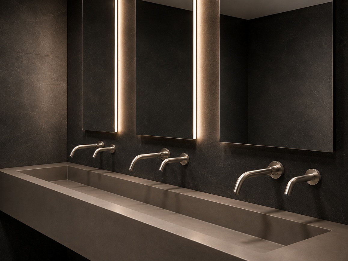 Commercial restroom lavatory bank with touchless faucets
