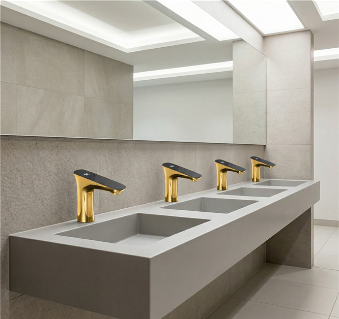 Brushed gold sensor-activated faucets installed across a high-traffic commercial restroom vanity