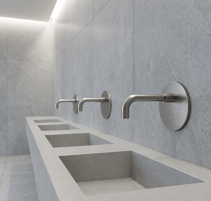 High-traffic luxury hospitality restroom with touchless faucet installation