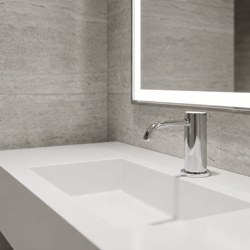 Architect reviewing commercial sensor faucet specifications for luxury hotel renovation