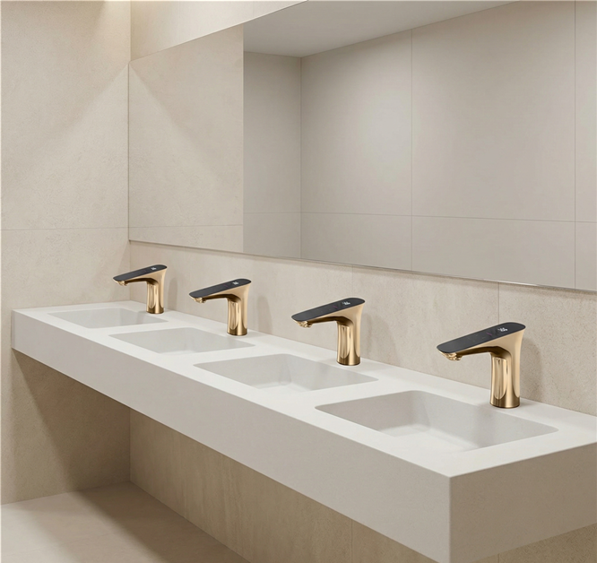 Close-up of infrared sensor faucet for commercial hotel bathrooms