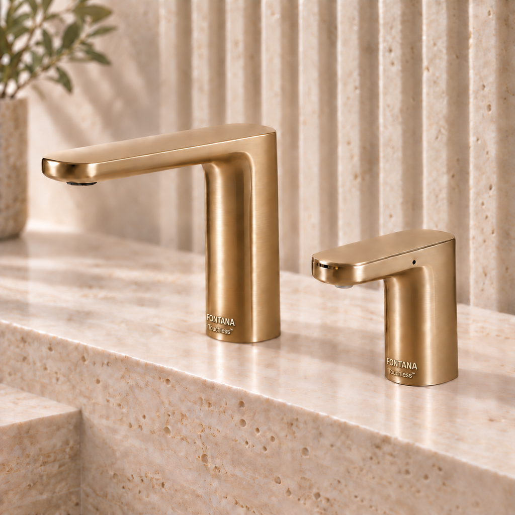 Coordinated commercial touchless faucet and automatic soap dispenser in brushed gold finish