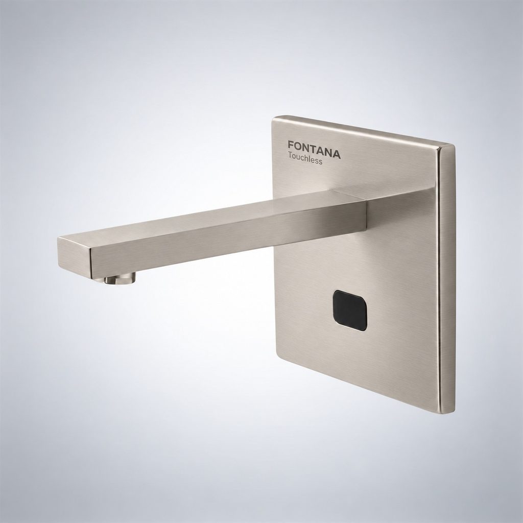 Brushed nickel wall-mounted touchless faucet and soap dispenser system