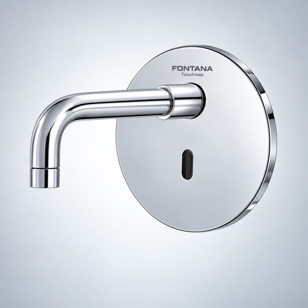 Chrome wall-mounted touchless faucet and coordinated soap dispenser wash system