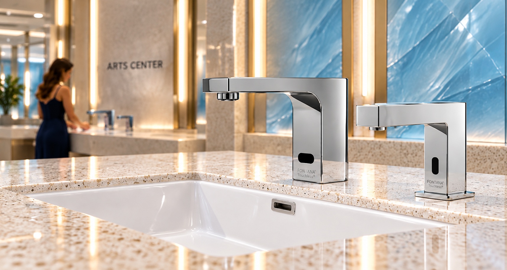 Commercial-style modern bathroom fixture arrangement
