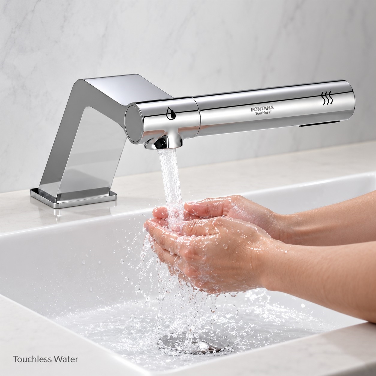 Close-up architectural bathroom sink and faucet layout