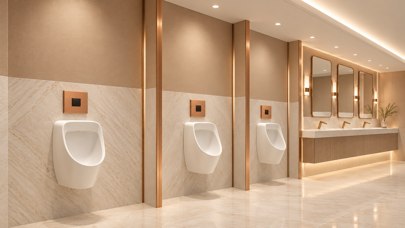 Luxury commercial restroom with marble walls, touchless urinals and gold fixtures