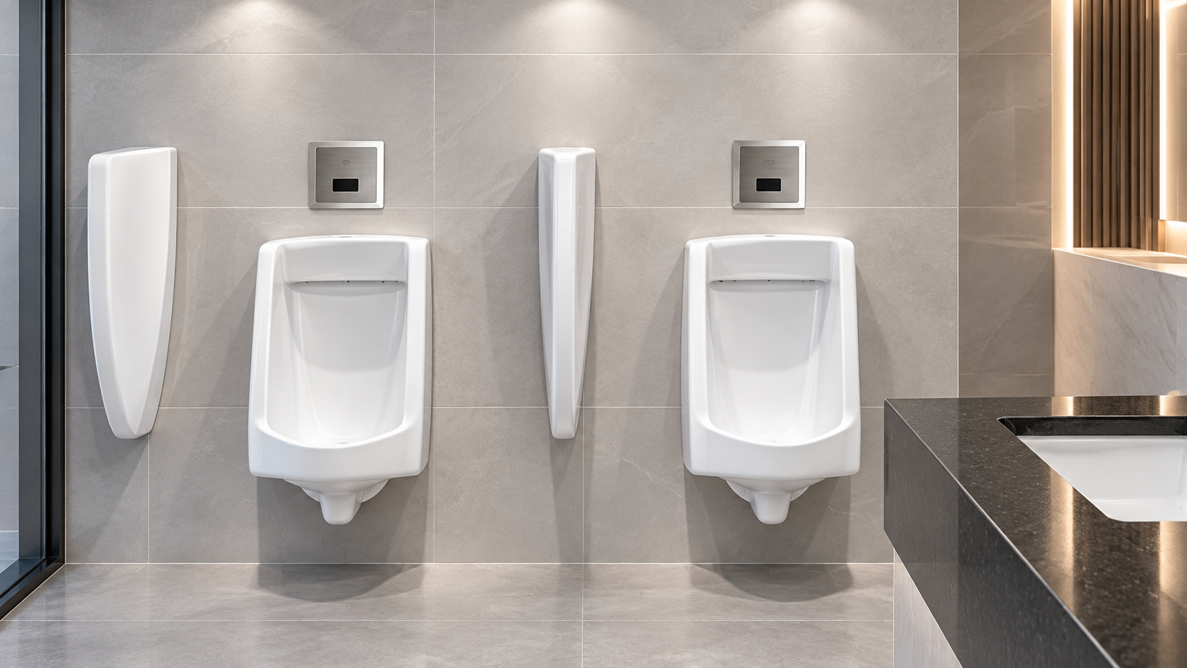 Modern commercial restroom with touchless sensor urinals and gray tile design